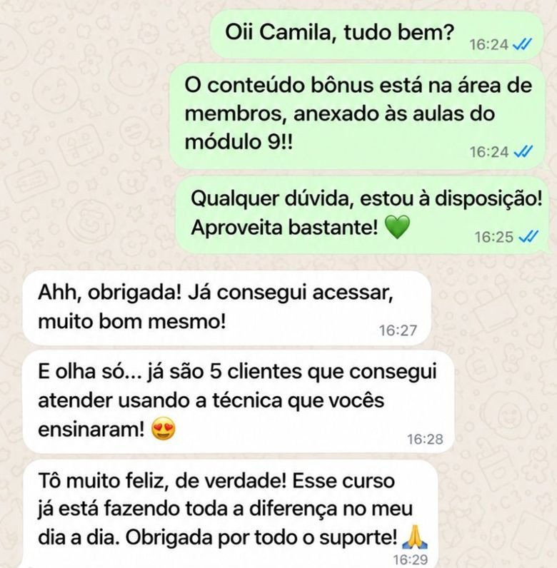 Conversa de aluna contando que já atendeu 5 clientes com a técnica