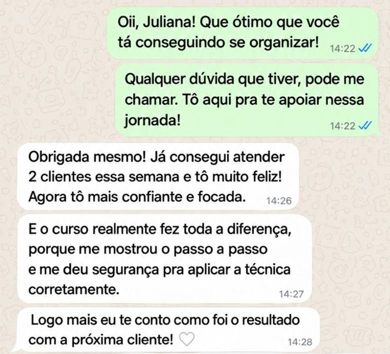 Conversa de aluna dizendo que o curso deu segurança para aplicar a técnica
